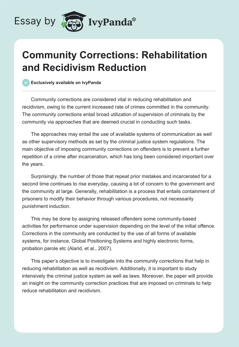 Community Corrections: Rehabilitation and Recidivism Reduction. Page 1