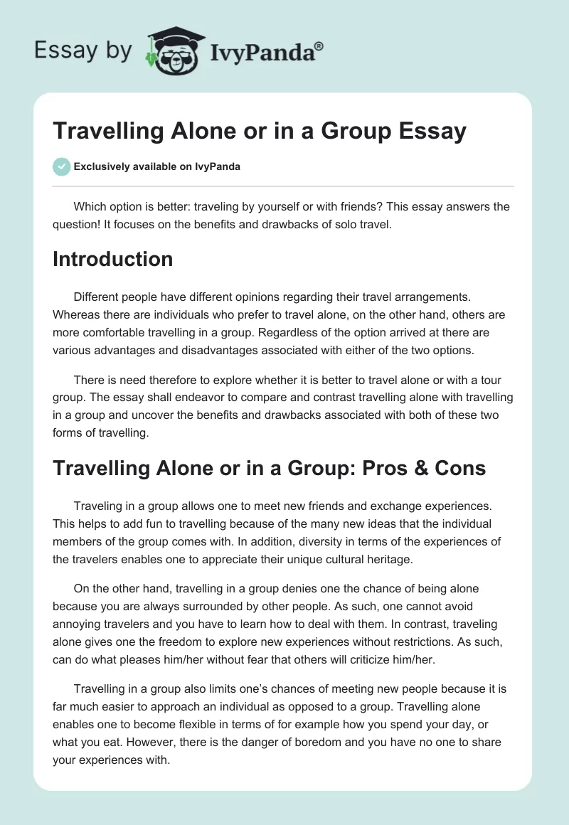Travelling Alone or in a Group Essay. Page 1