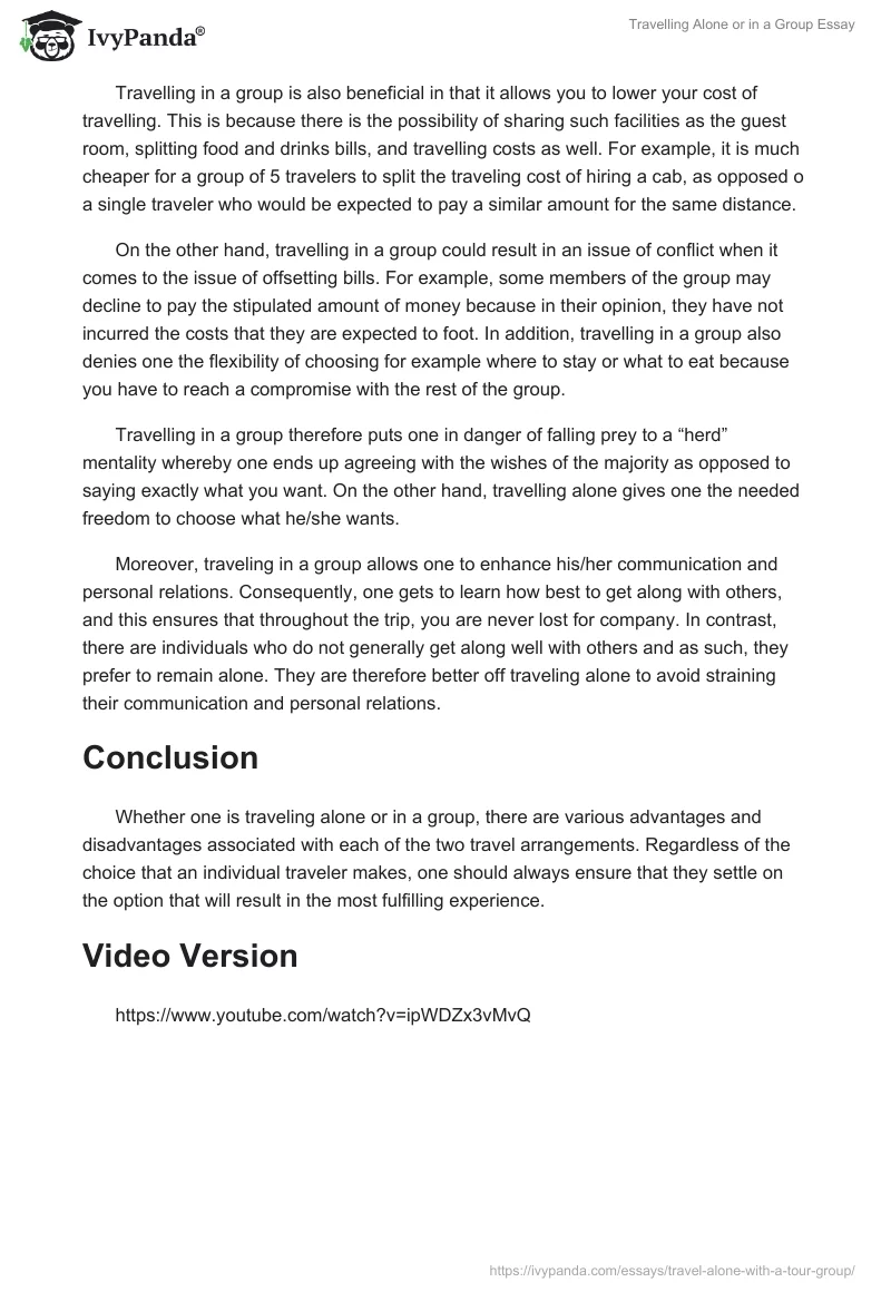 Travelling Alone or in a Group Essay. Page 2