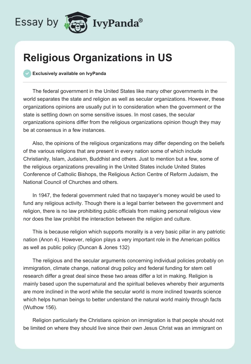 Religious Organizations in US. Page 1