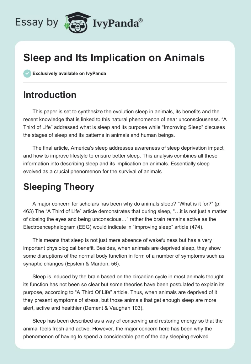 Sleep and Its Implication on Animals. Page 1
