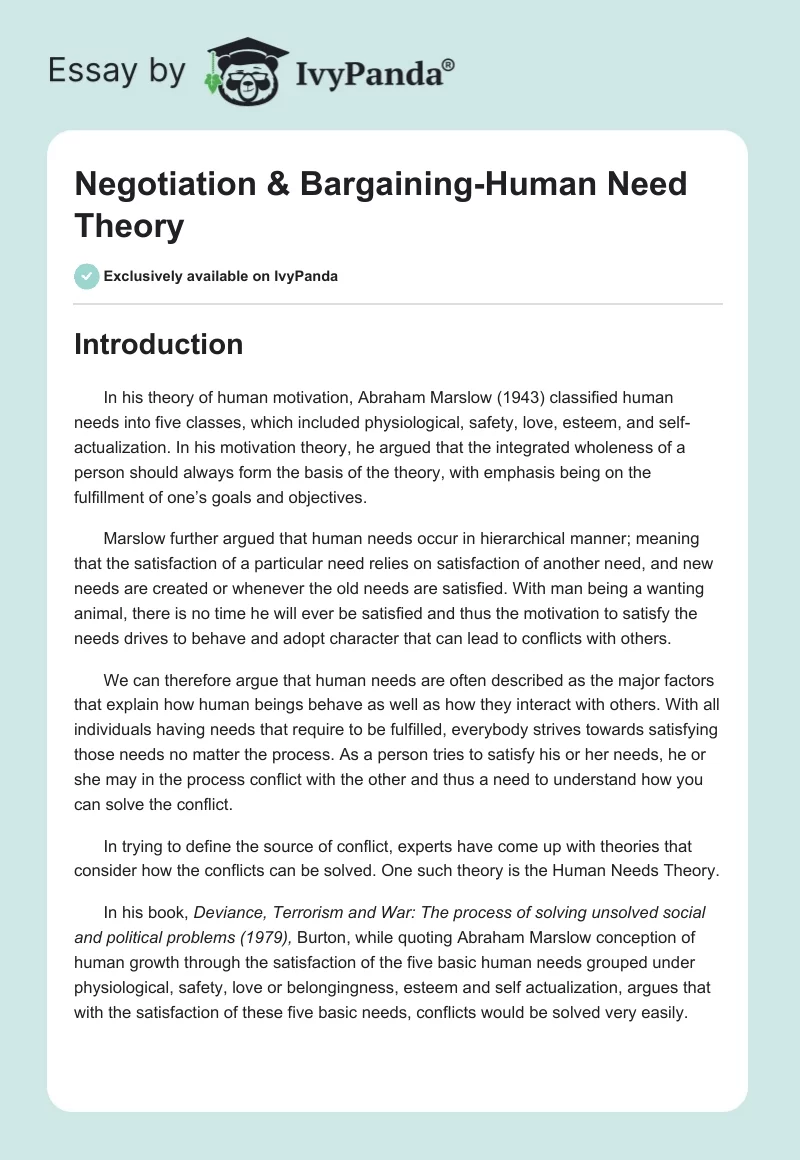 Negotiation & Bargaining-Human Need Theory. Page 1