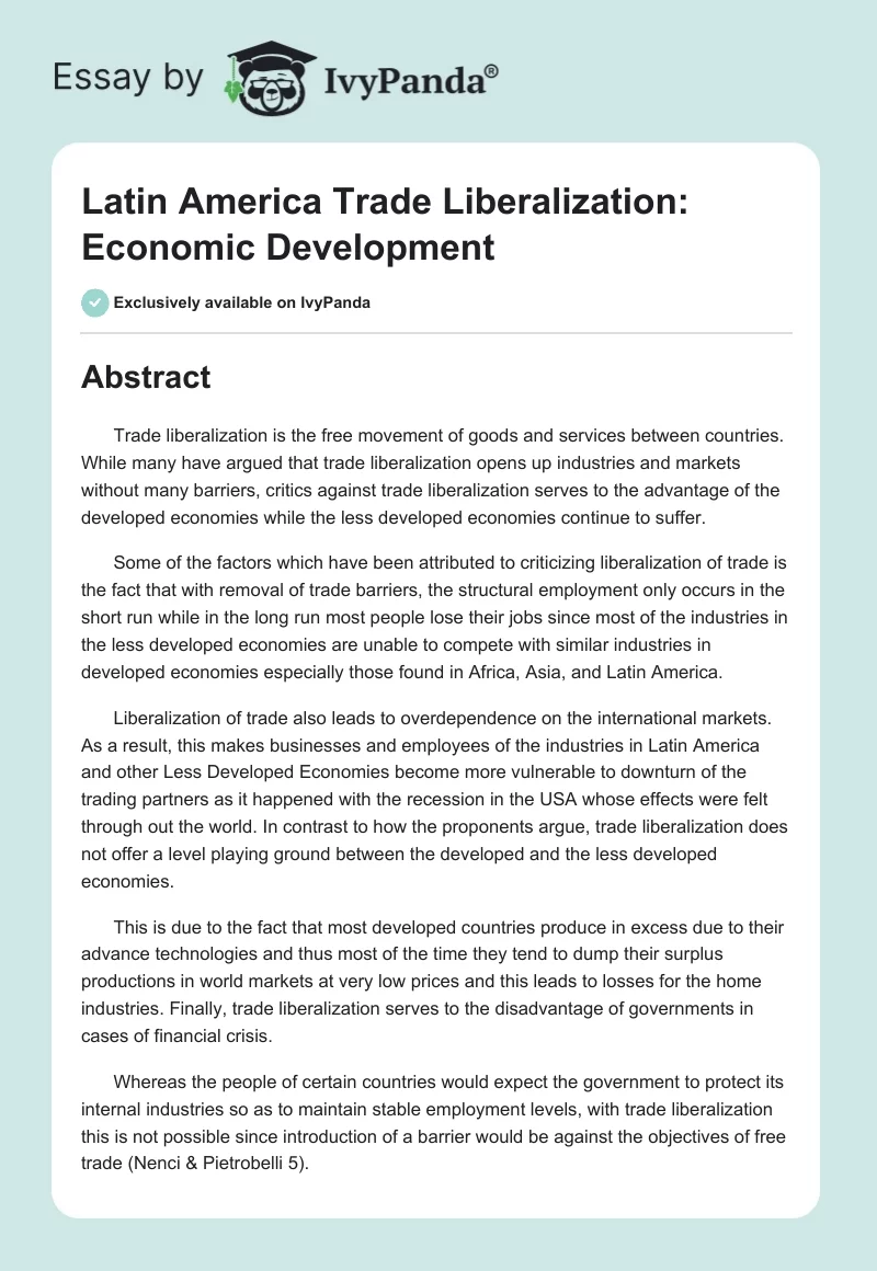 Latin America Trade Liberalization: Economic Development. Page 1