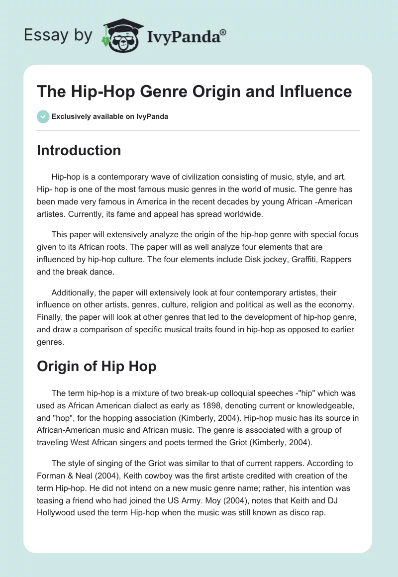 The Hip-Hop Genre Origin and Influence. Page 1
