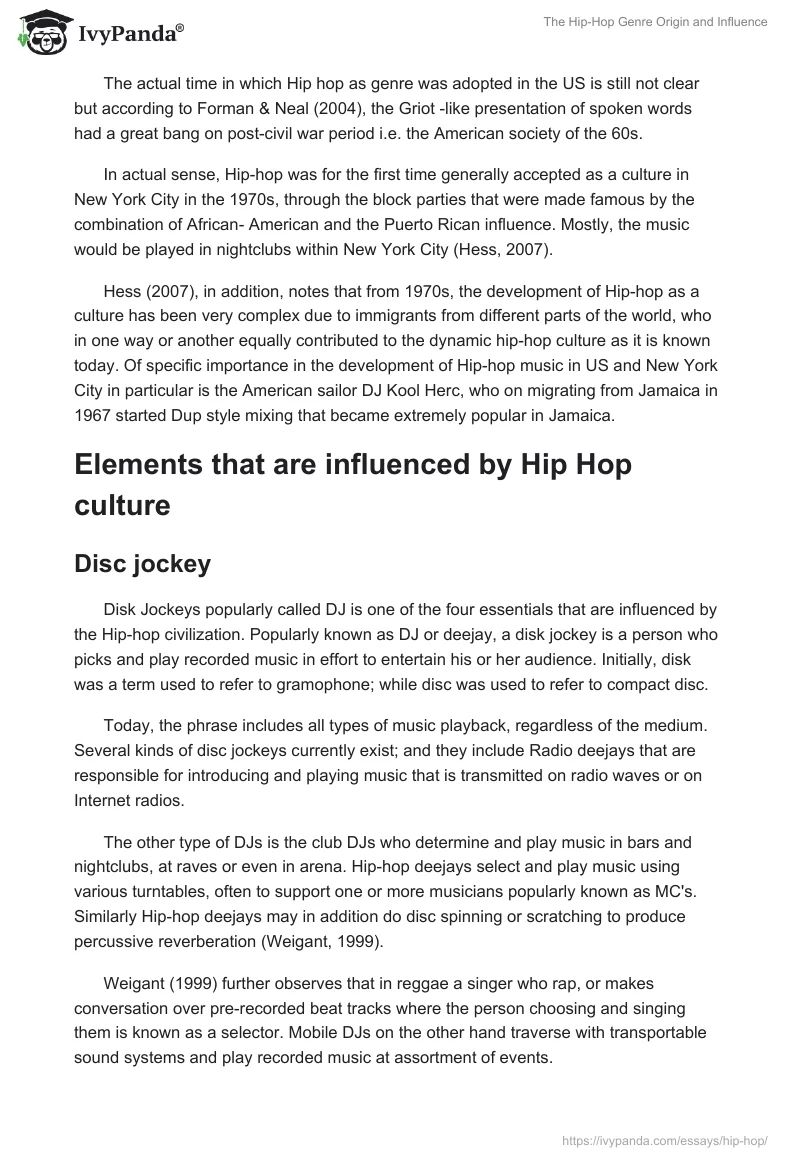 The Hip-Hop Genre Origin and Influence. Page 2