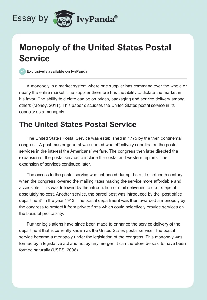 Monopoly of the United States Postal Service. Page 1
