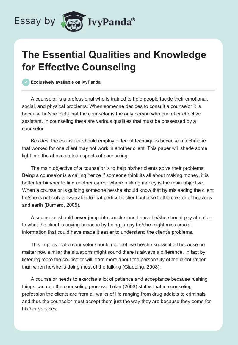 The Essential Qualities and Knowledge for Effective Counseling. Page 1