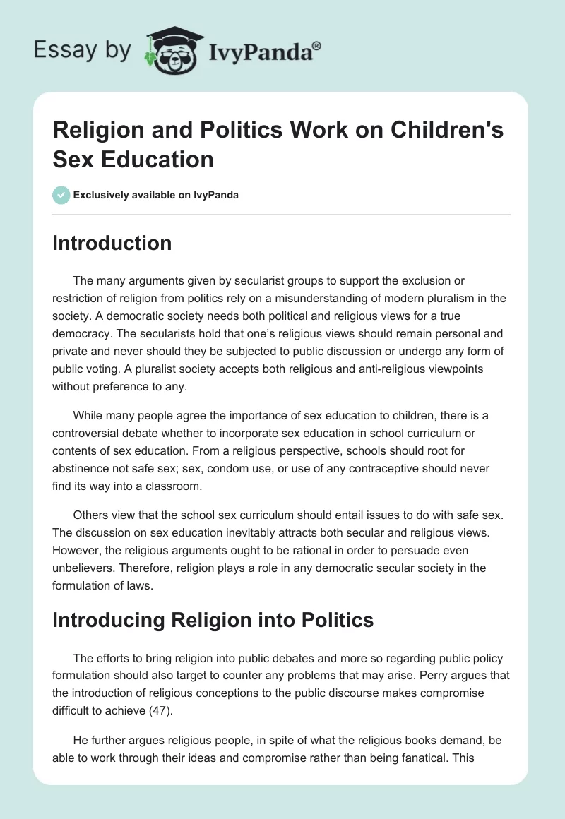 Religion and Politics Work on Children's Sex Education. Page 1