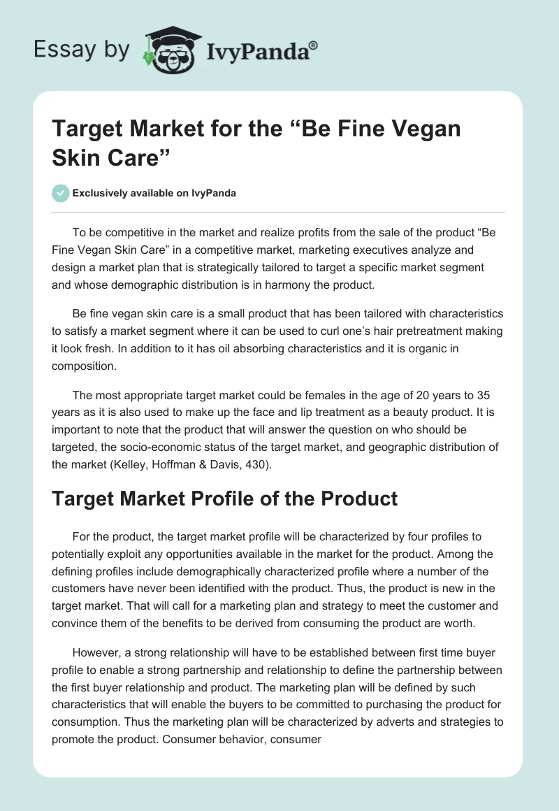 Target Market for the “Be Fine Vegan Skin Care”. Page 1
