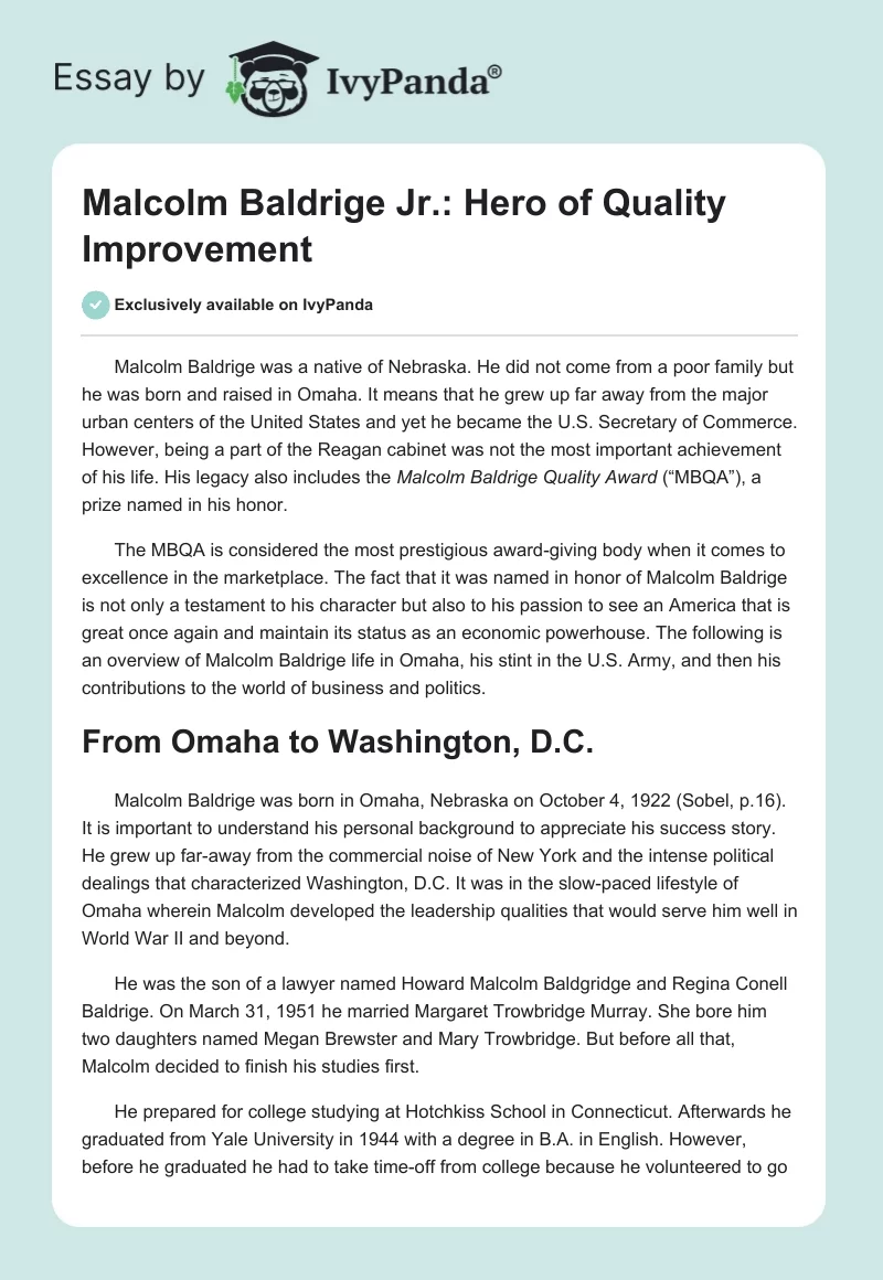 Malcolm Baldrige Jr.: Hero of Quality Improvement. Page 1