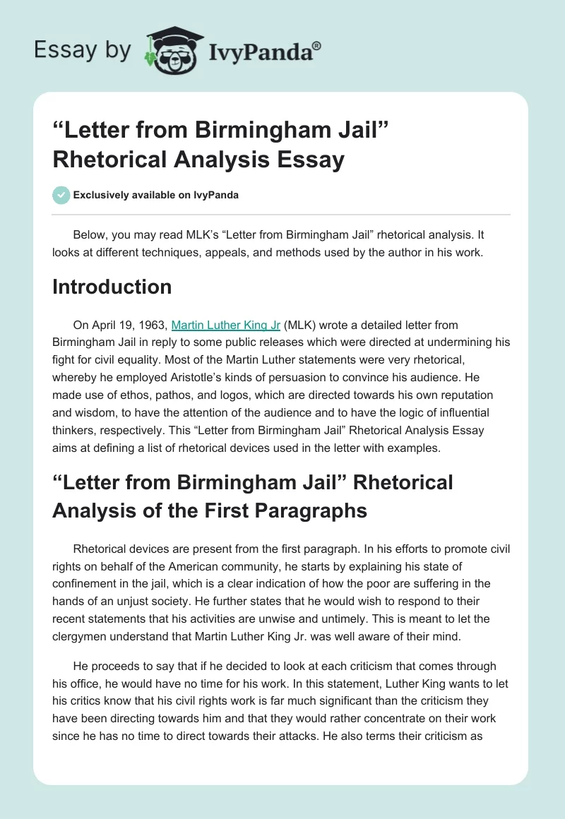 “Letter From Birmingham Jail” Rhetorical Analysis Essay. Page 1