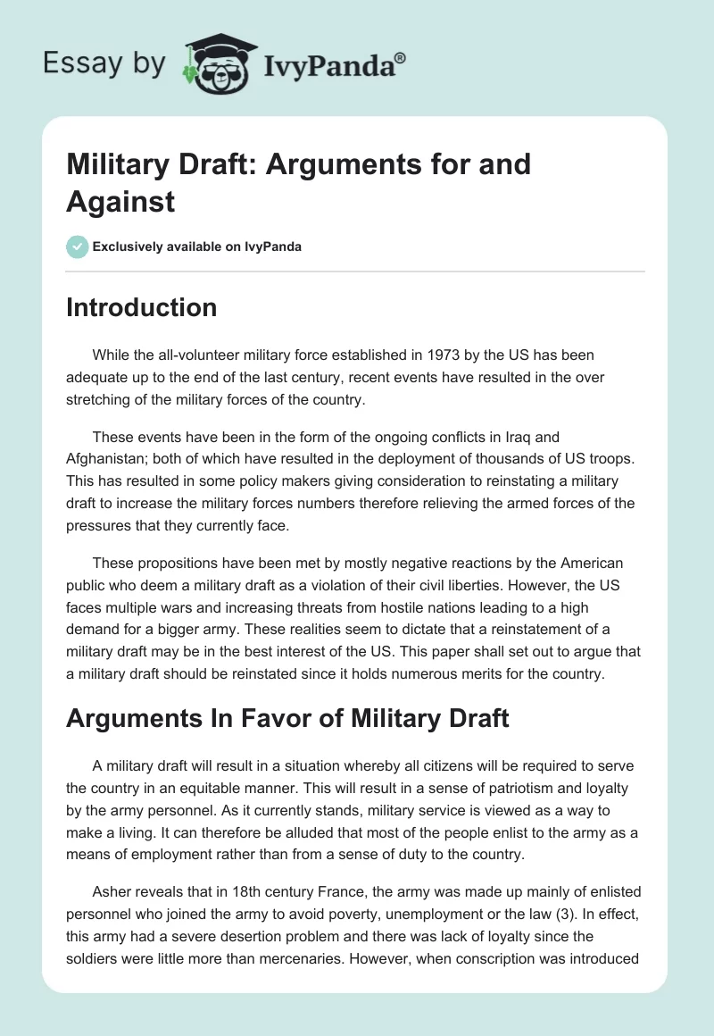 Military Draft: Arguments for and Against. Page 1