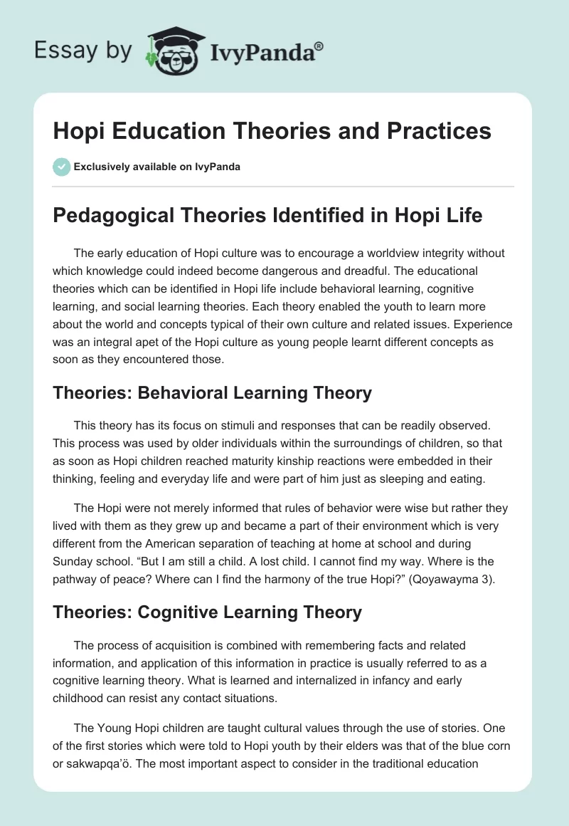 Hopi Education Theories and Practices. Page 1