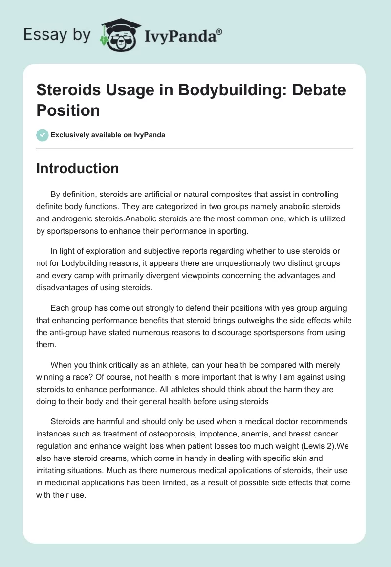 Steroids Usage in Bodybuilding: Debate Position. Page 1
