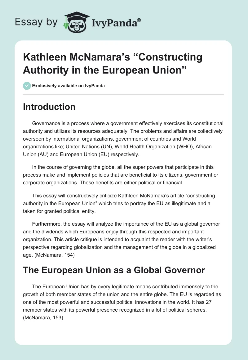 Kathleen McNamara’s “Constructing Authority in the European Union”. Page 1