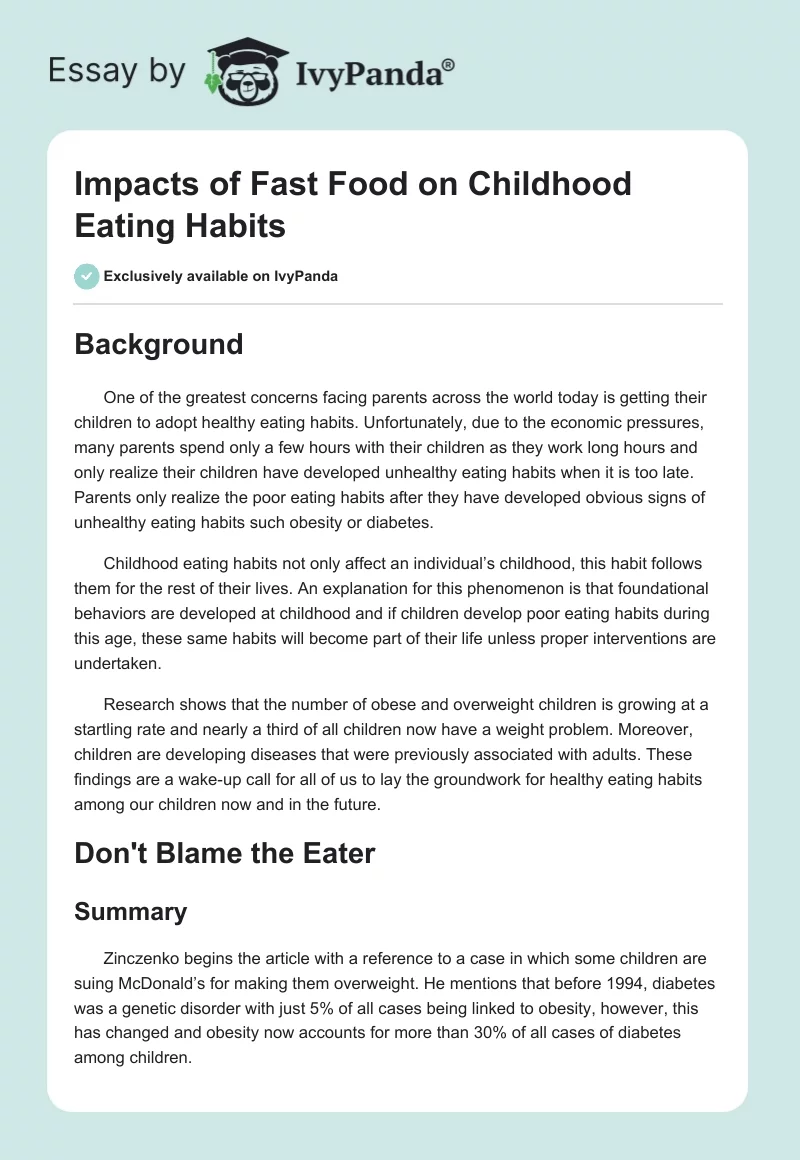 Impacts of Fast Food on Childhood Eating Habits. Page 1