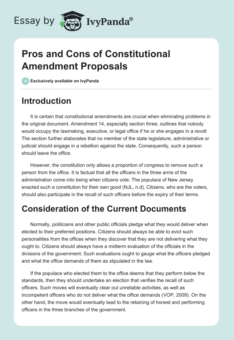 Pros and Cons of Constitutional Amendment Proposals. Page 1