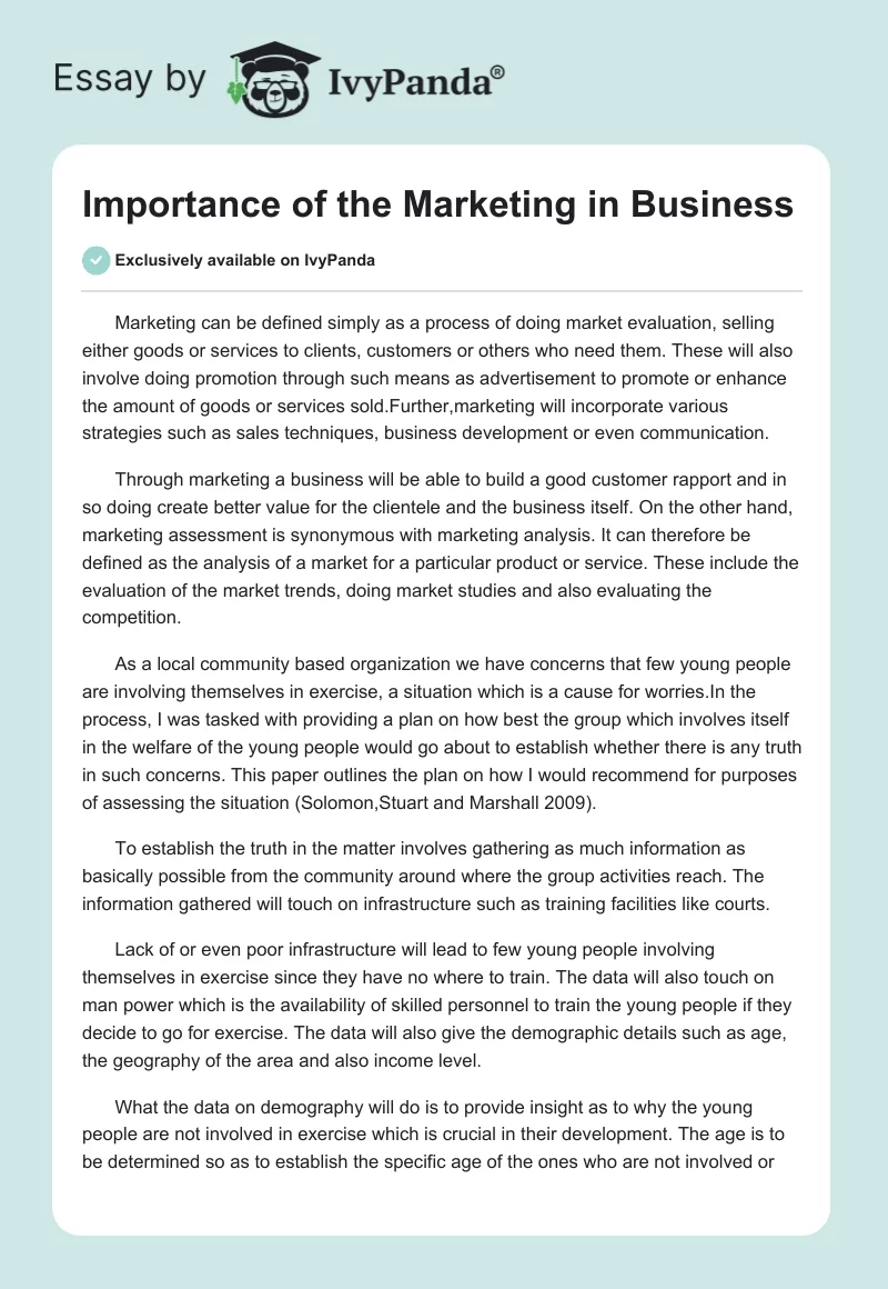 Importance of the Marketing in Business. Page 1