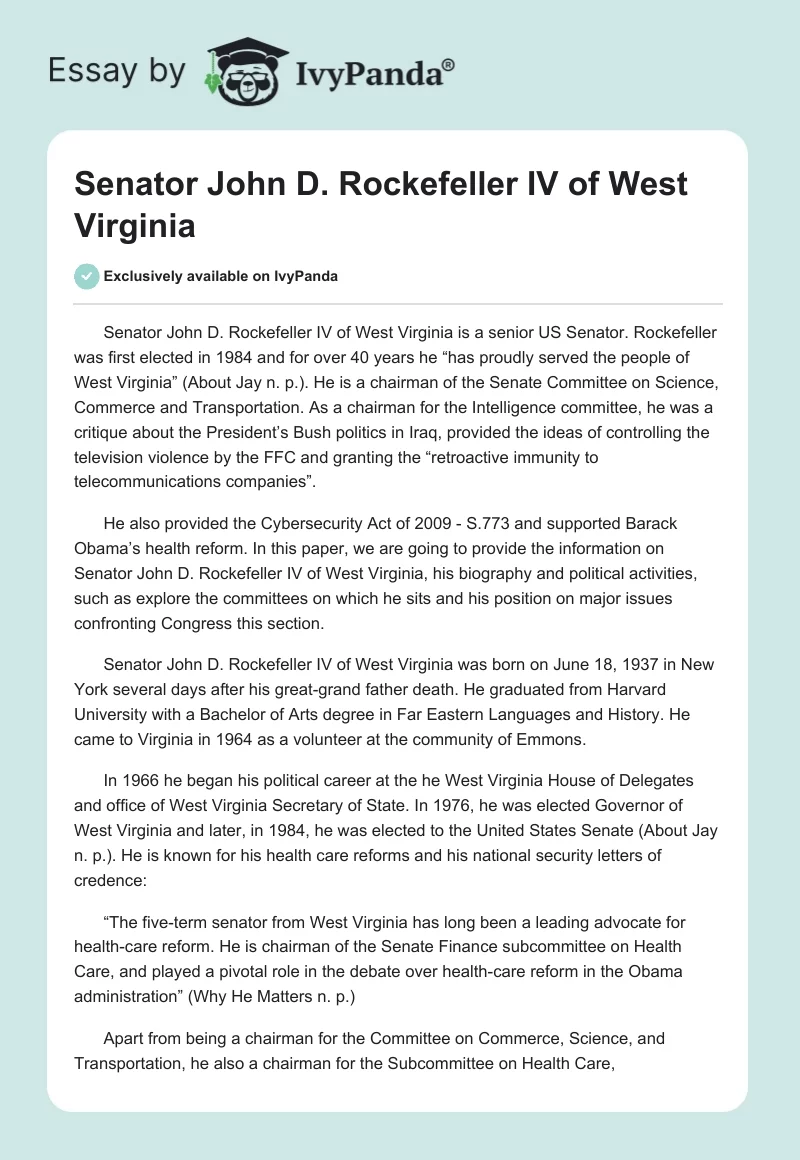 Senator John D. Rockefeller IV of West Virginia. Page 1