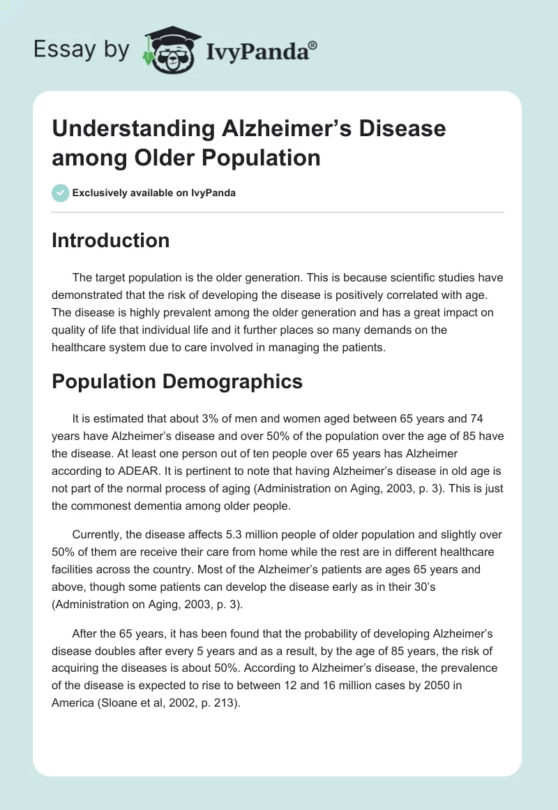 Understanding Alzheimer’s Disease Among Older Population. Page 1