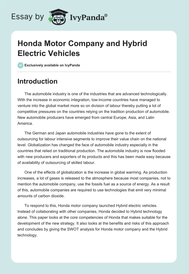 Honda Motor Company and Hybrid Electric Vehicles. Page 1