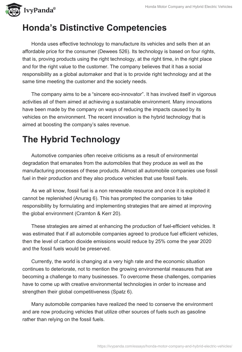 Honda Motor Company and Hybrid Electric Vehicles. Page 2