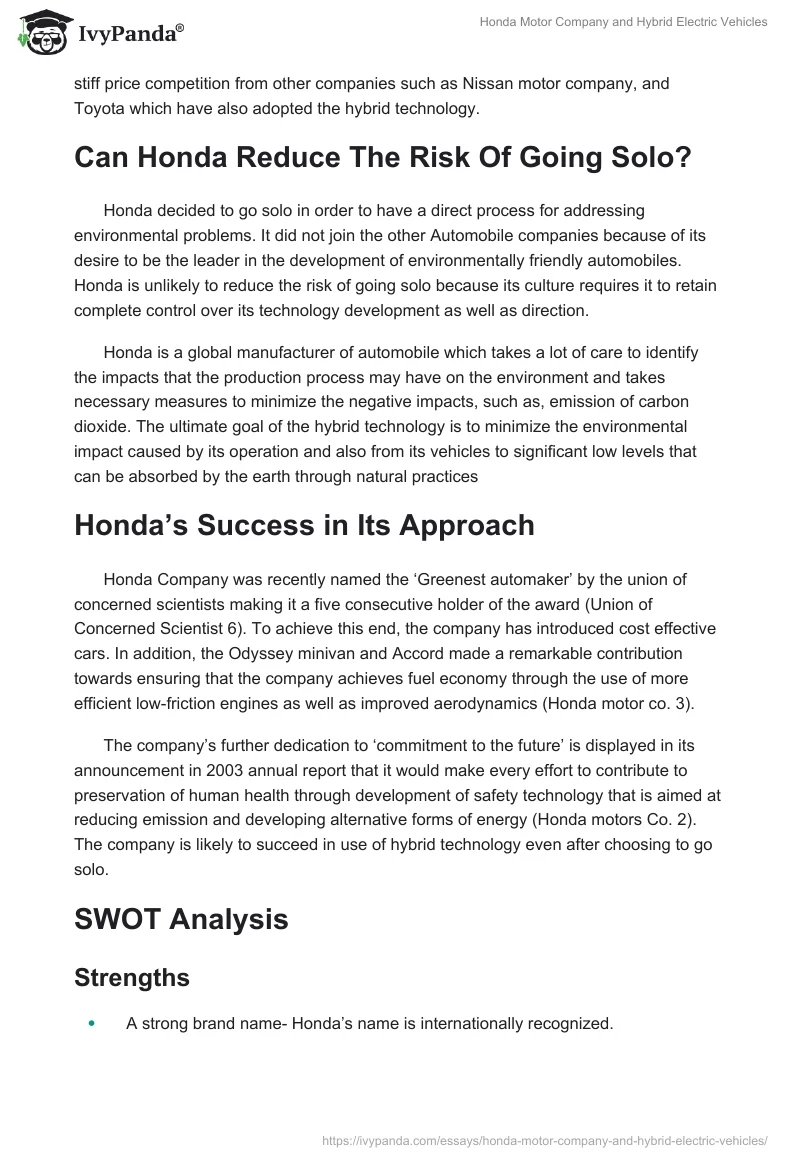 Honda Motor Company and Hybrid Electric Vehicles. Page 4