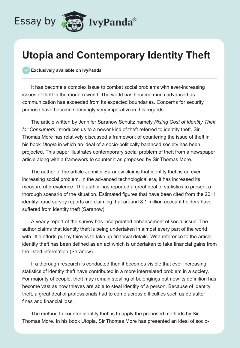 Utopia and Contemporary Identity Theft. Page 1