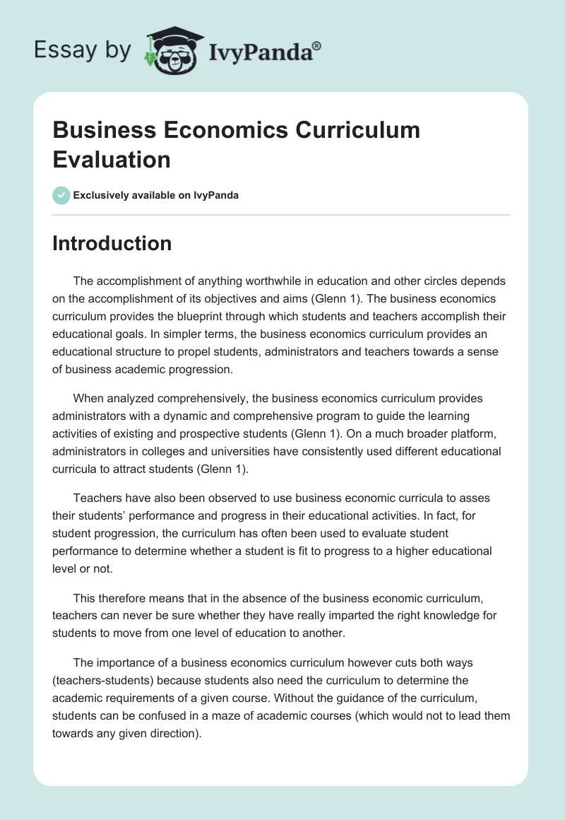 Business Economics Curriculum Evaluation. Page 1