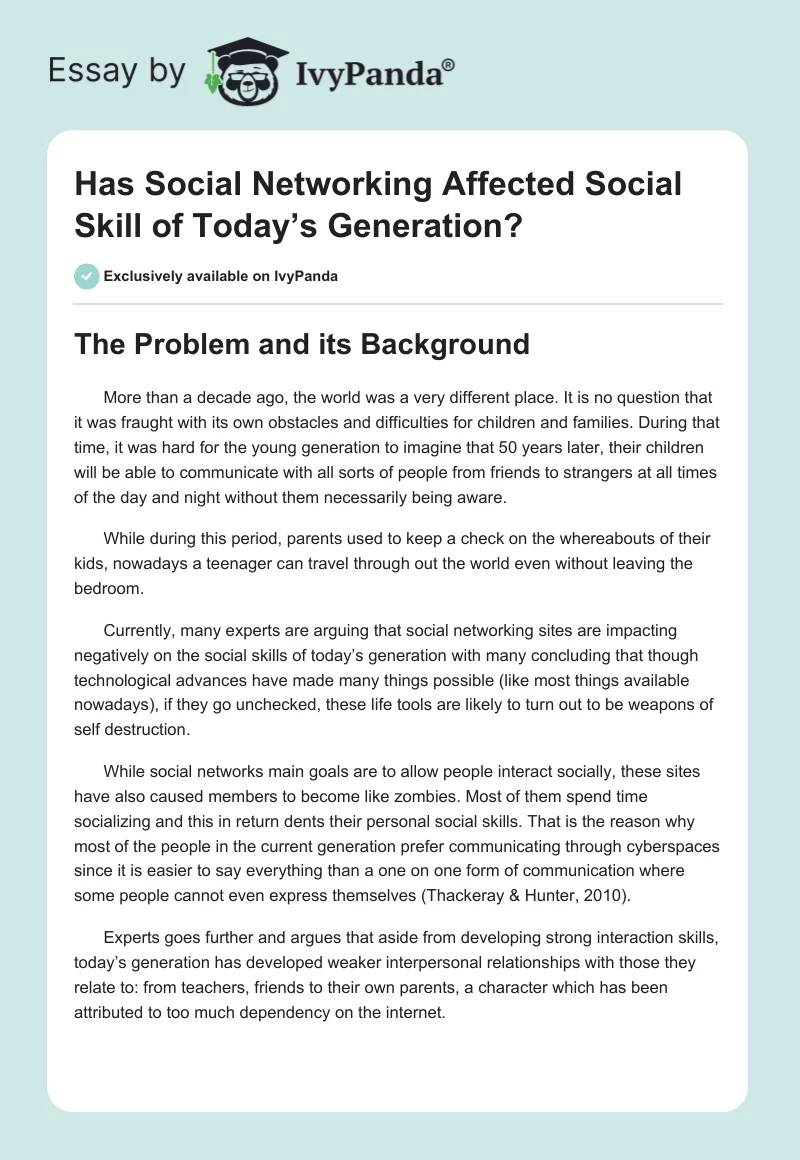 Has Social Networking Affected Social Skill of Today’s Generation?. Page 1