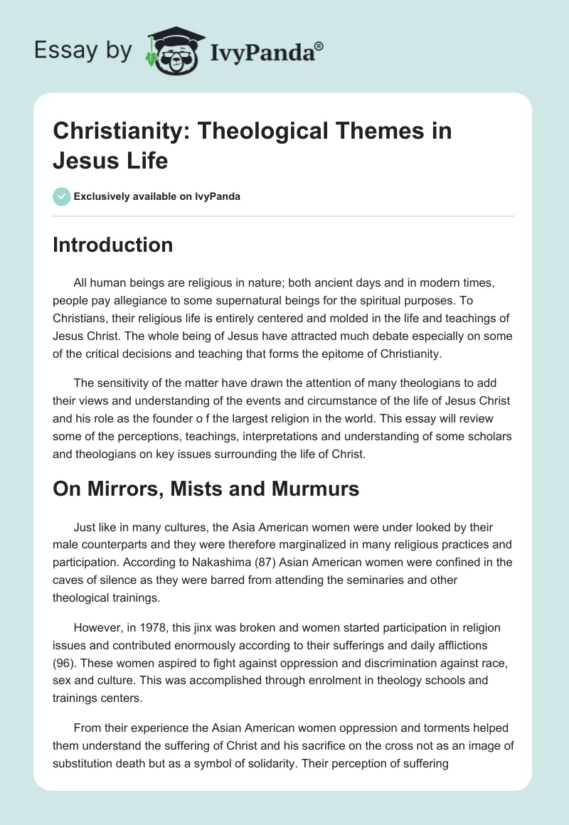 Christianity: Theological Themes in Jesus Life. Page 1