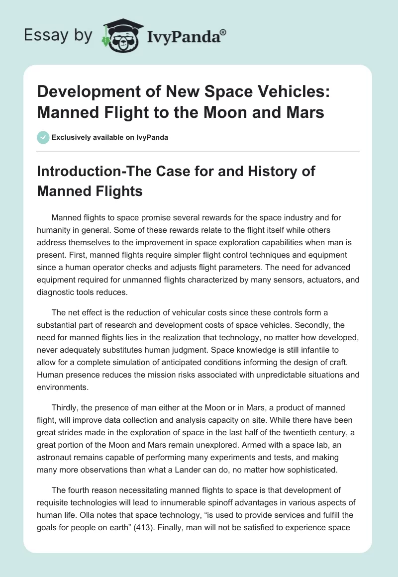 Development of New Space Vehicles: Manned Flight to the Moon and Mars. Page 1