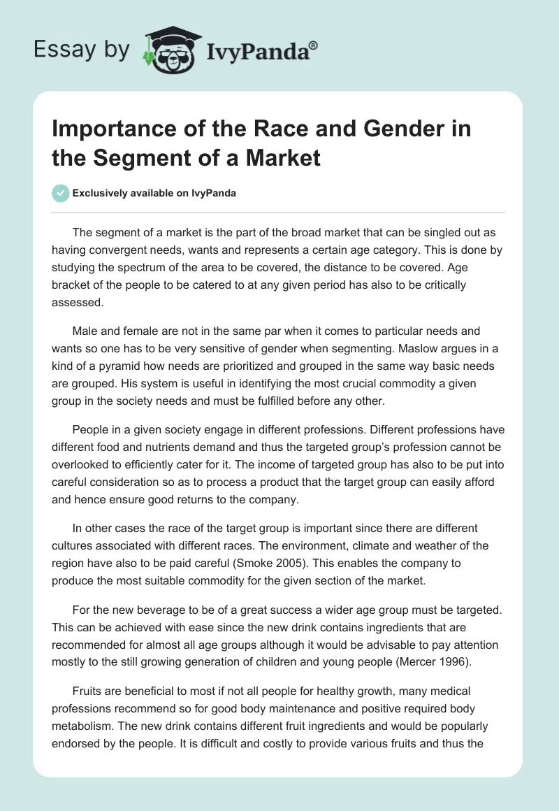 Importance of the Race and Gender in the Segment of a Market . Page 1
