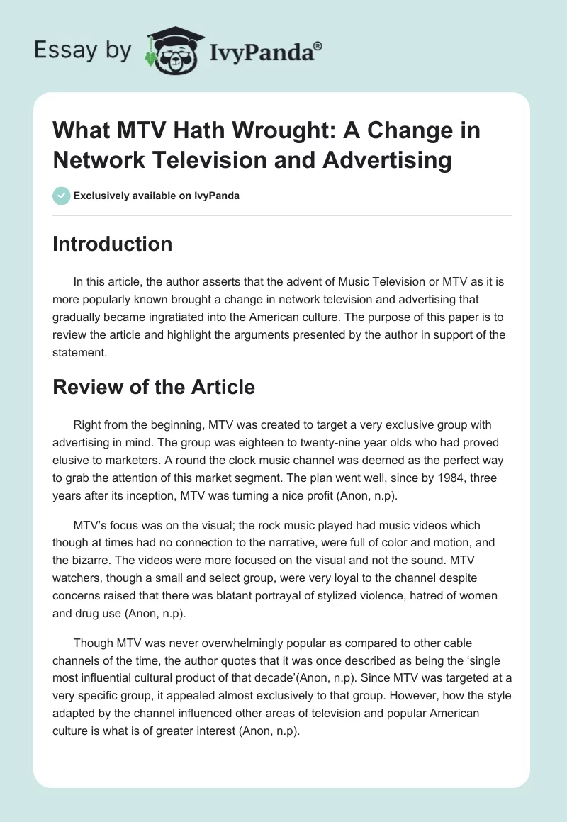 What MTV Hath Wrought: A Change in Network Television and Advertising. Page 1