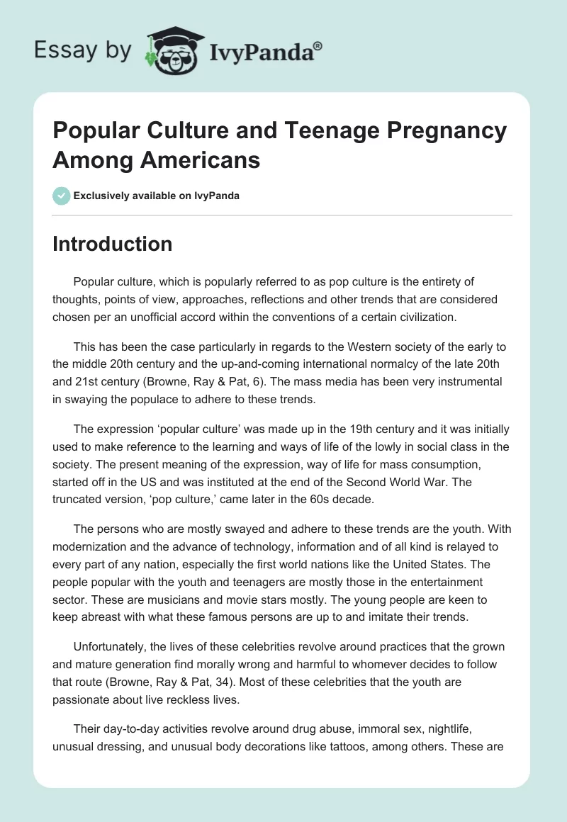 Popular Culture and Teenage Pregnancy Among Americans. Page 1