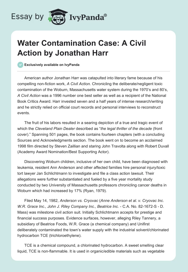 Water Contamination Case: "A Civil Action" by Jonathan Harr. Page 1