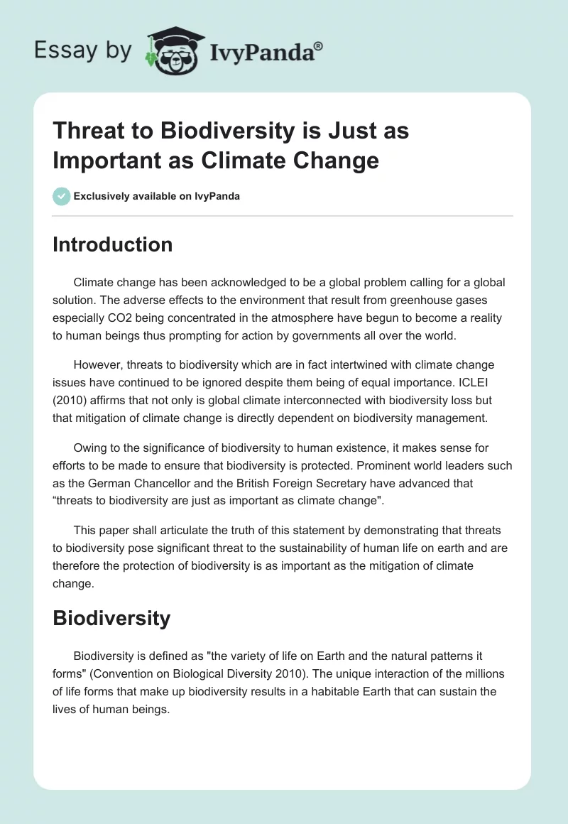 Threat to Biodiversity Is Just as Important as Climate Change. Page 1