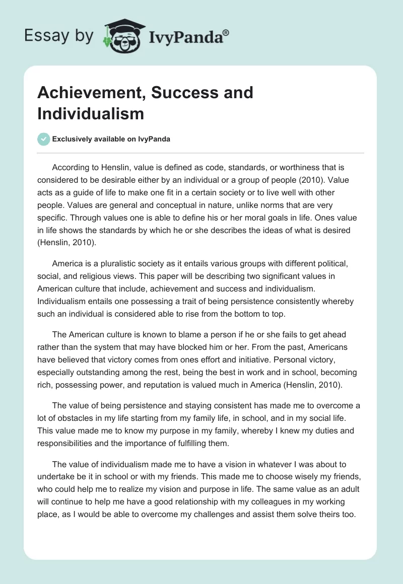 Achievement, Success and Individualism. Page 1