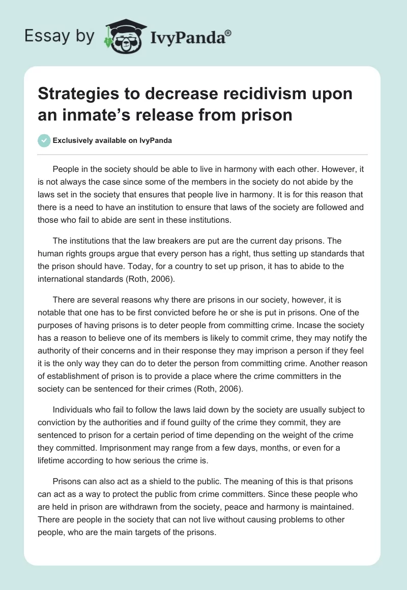 Strategies to Decrease Recidivism Upon an Inmate’s Release From Prison. Page 1
