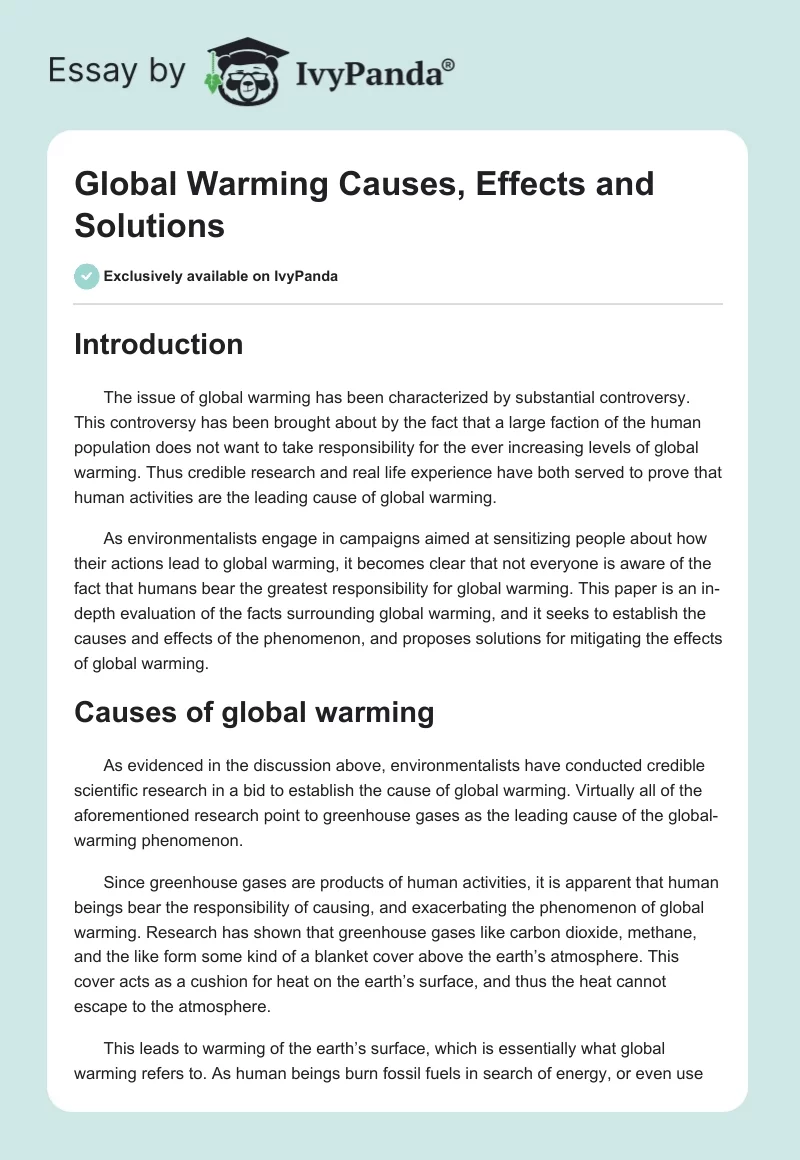 Global Warming Causes, Effects and Solutions. Page 1