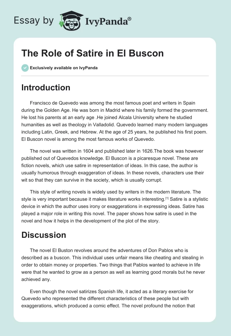 The Role of Satire in El Buscon. Page 1