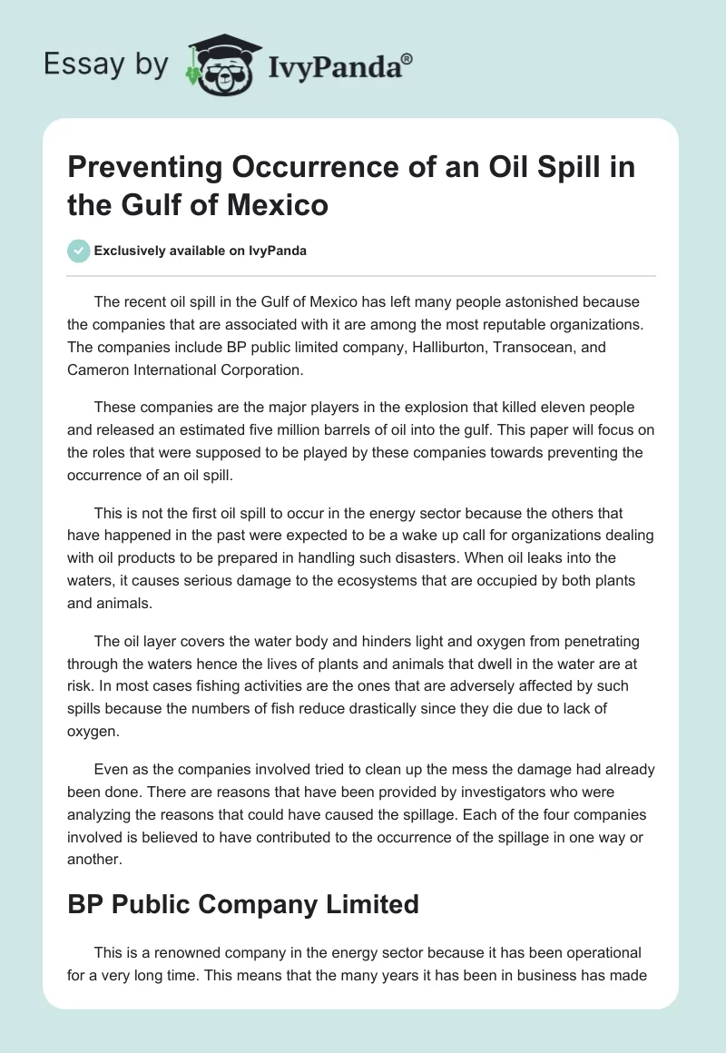 Preventing Occurrence of an Oil Spill in the Gulf of Mexico. Page 1