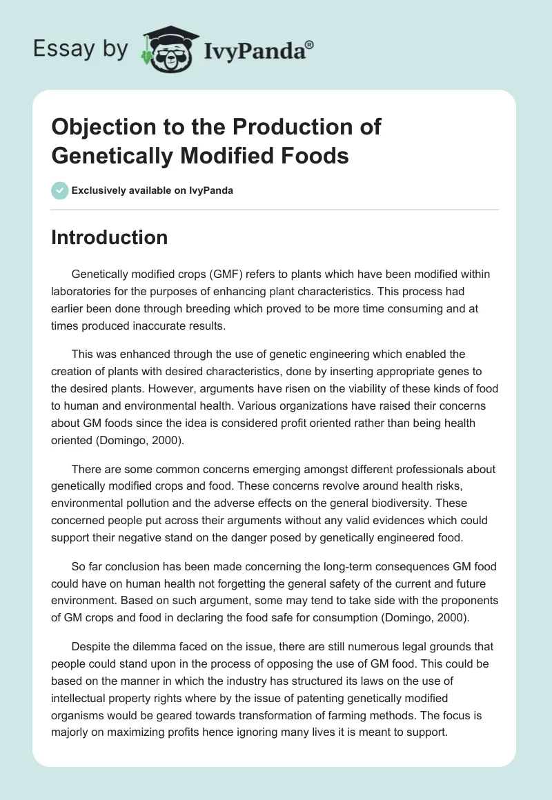 Objection to the Production of Genetically Modified Foods. Page 1