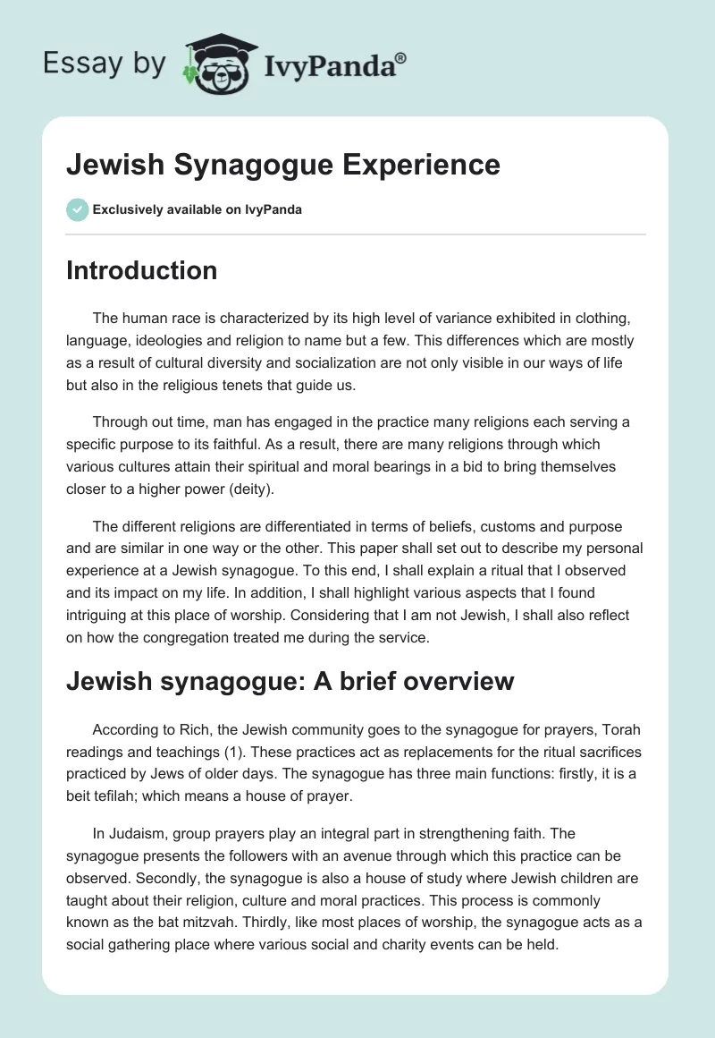 Jewish Synagogue Experience. Page 1