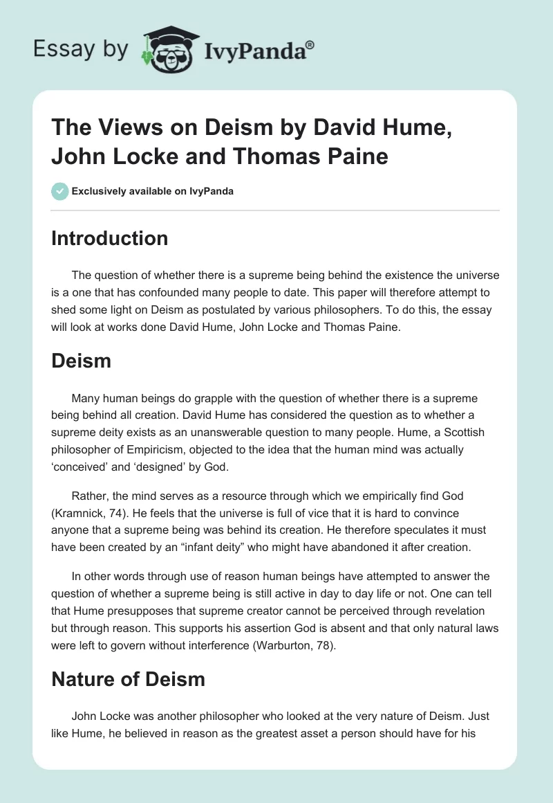 The Views on Deism by David Hume, John Locke and Thomas Paine. Page 1