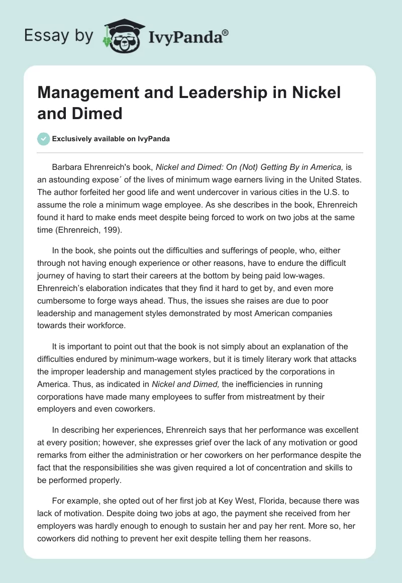 Management and Leadership in Nickel and Dimed. Page 1