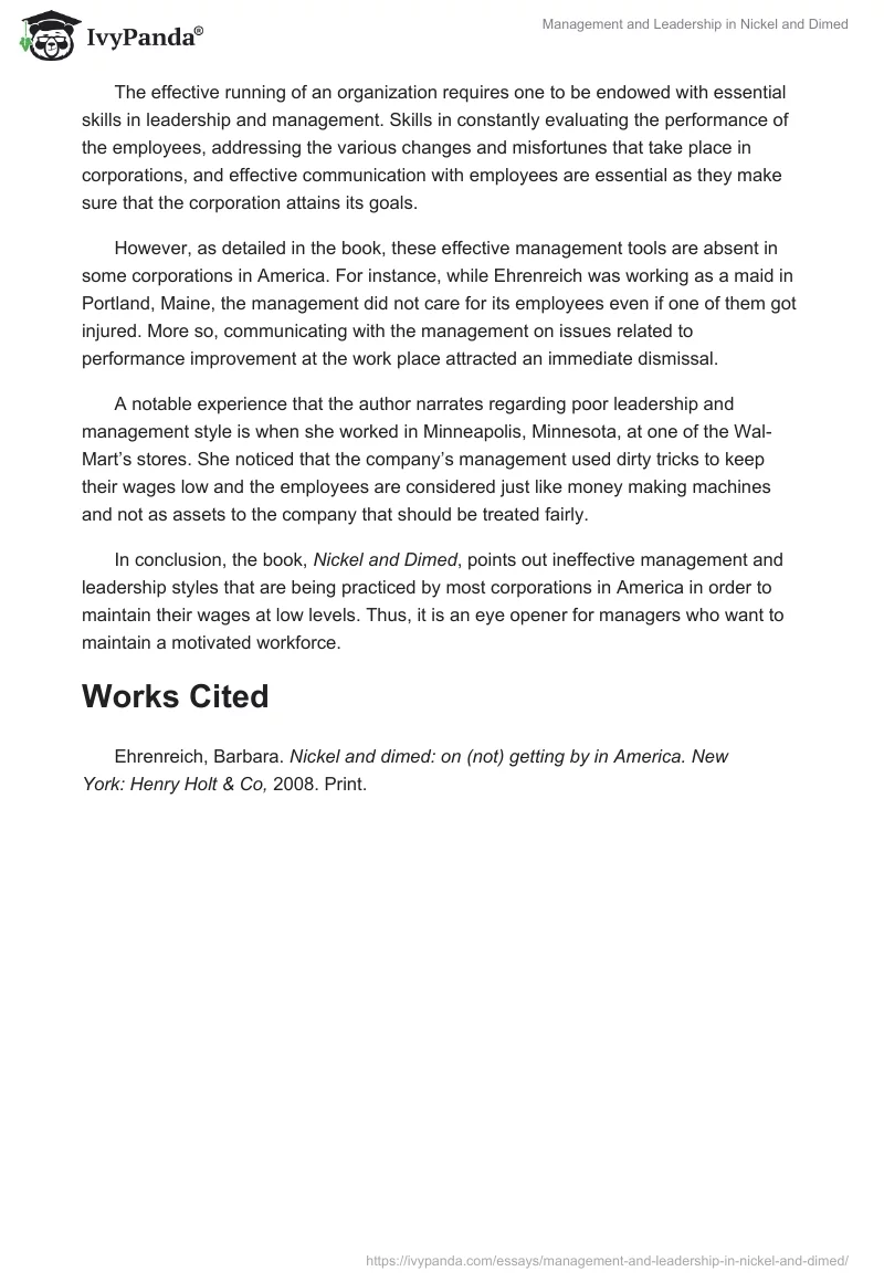 Management and Leadership in Nickel and Dimed. Page 2