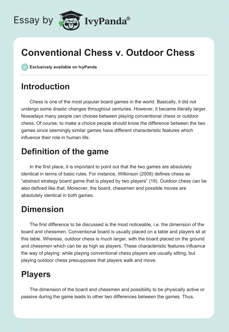 Conventional Chess v. Outdoor Chess. Page 1