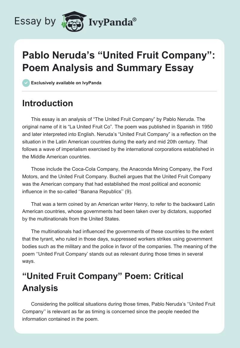 Pablo Neruda’s “United Fruit Company”: Poem Analysis and Summary Essay. Page 1