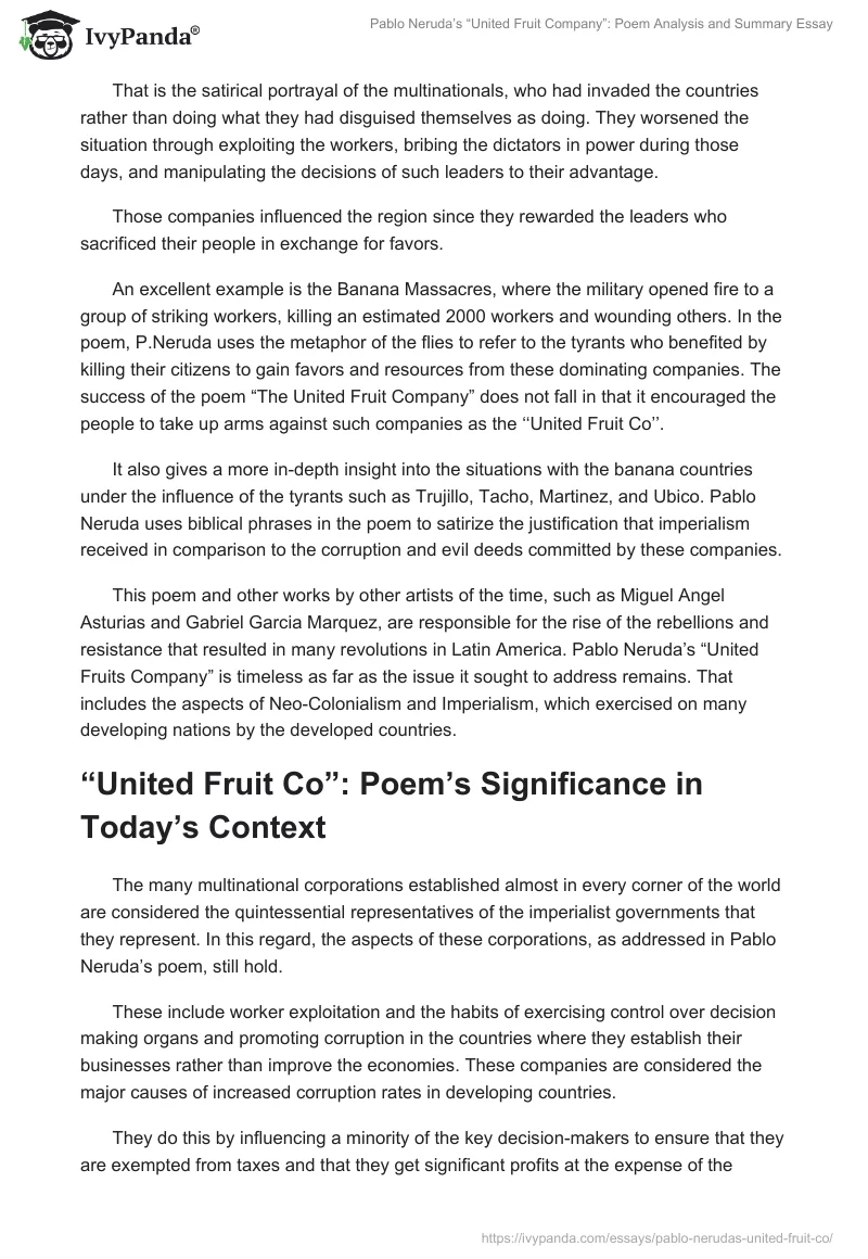 Pablo Neruda’s “United Fruit Company”: Poem Analysis and Summary Essay. Page 2
